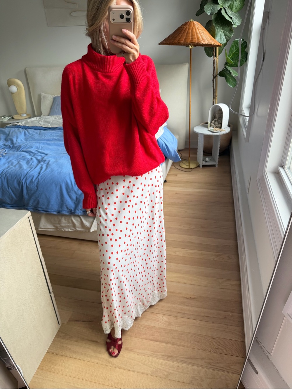 Rixo Red Polka Dots Lace Midi Skirt Size M